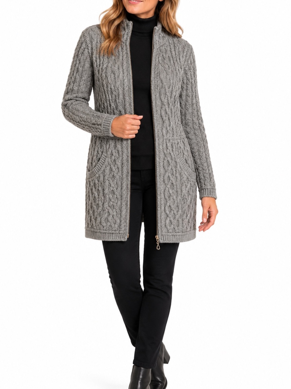 Aran Crafts Ireland Merino Wool Gray Cable Knit Full Zip Long Cardigan Medium